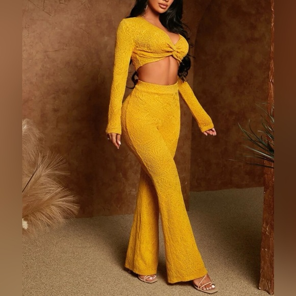 Mustard Yellow Crop Top & Flare Leg Pants Set - Picture 2 of 6